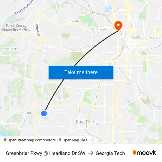 Greenbriar Pkwy @ Headland Dr SW to Georgia Tech map