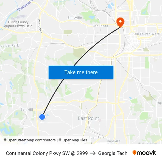 Continental Colony Pkwy SW @ 2999 to Georgia Tech map