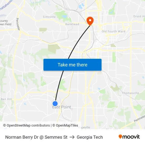 Norman Berry Dr @ Semmes St to Georgia Tech map