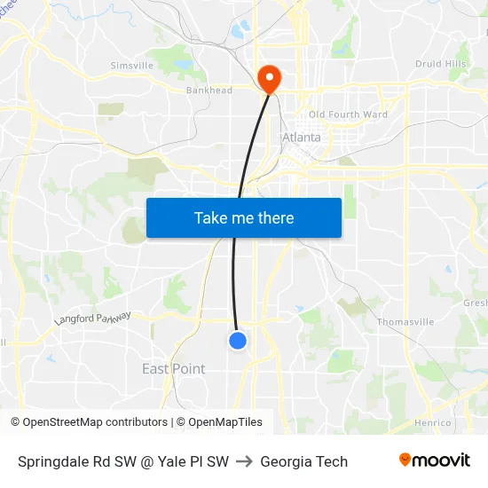 Springdale Rd SW @ Yale Pl SW to Georgia Tech map