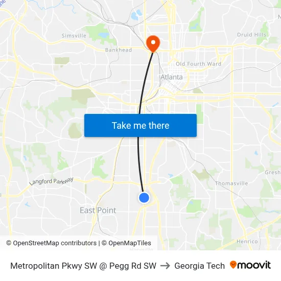 Metropolitan Pkwy SW @ Pegg Rd SW to Georgia Tech map
