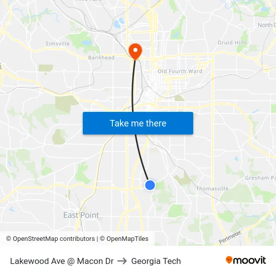 Lakewood Ave @ Macon Dr to Georgia Tech map