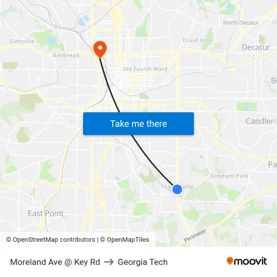 Moreland Ave @ Key Rd to Georgia Tech map