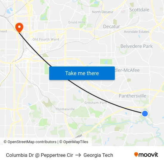 Columbia Dr @ Peppertree Cir to Georgia Tech map