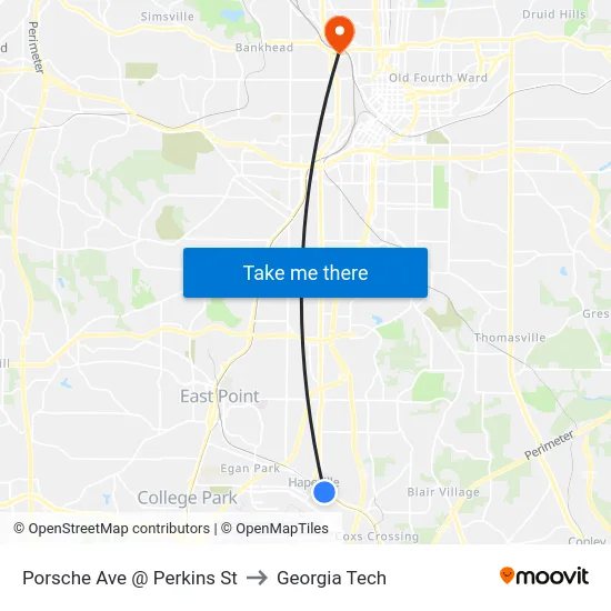 Porsche Ave @ Perkins St to Georgia Tech map