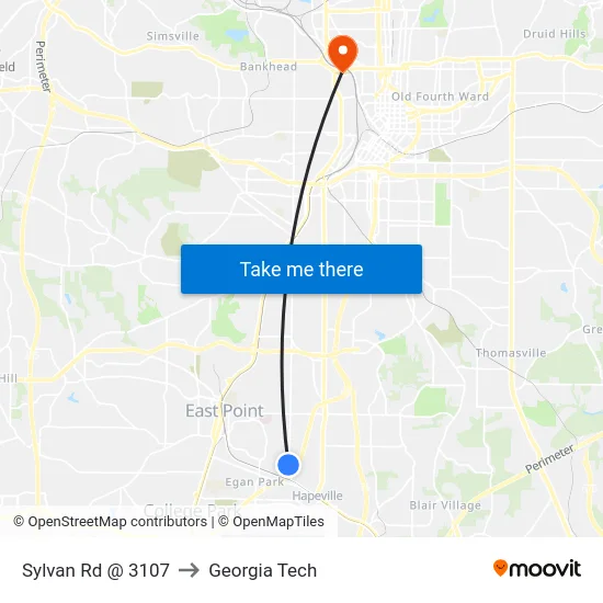 Sylvan Rd @ 3107 to Georgia Tech map