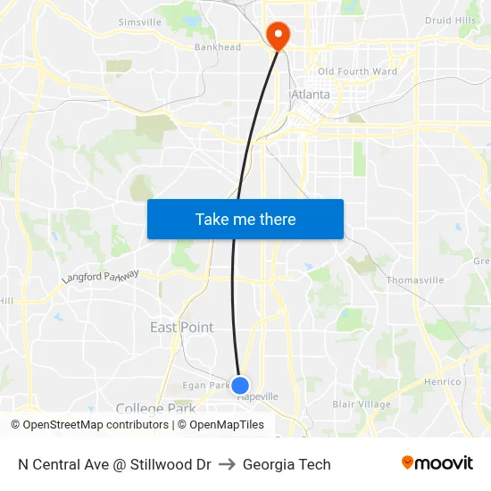 N Central Ave @ Stillwood Dr to Georgia Tech map