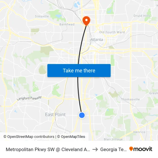 Metropolitan Pkwy SW @ Cleveland Ave S to Georgia Tech map
