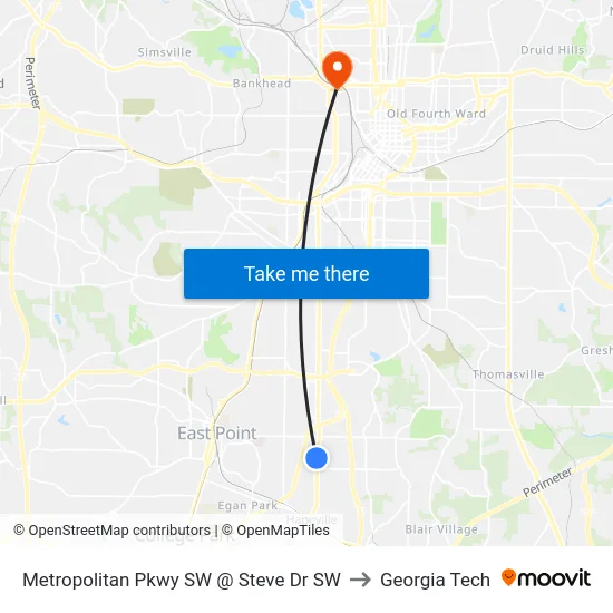 Metropolitan Pkwy SW @ Steve Dr SW to Georgia Tech map