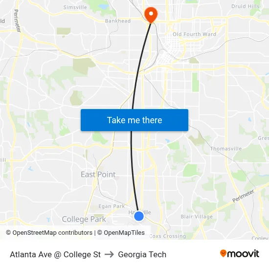 Atlanta Ave @ College St to Georgia Tech map