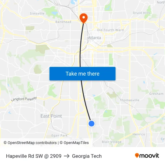 Hapeville Rd SW @ 2909 to Georgia Tech map