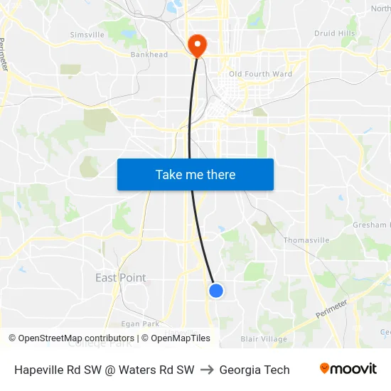 Hapeville Rd SW @ Waters Rd SW to Georgia Tech map