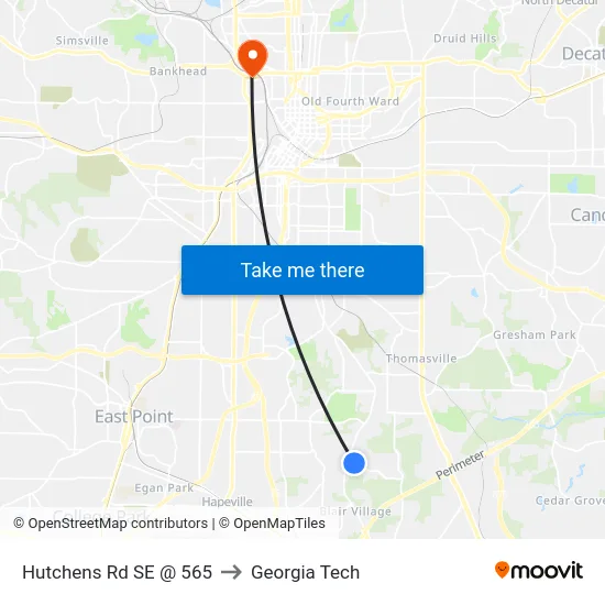 Hutchens Rd SE @ 565 to Georgia Tech map
