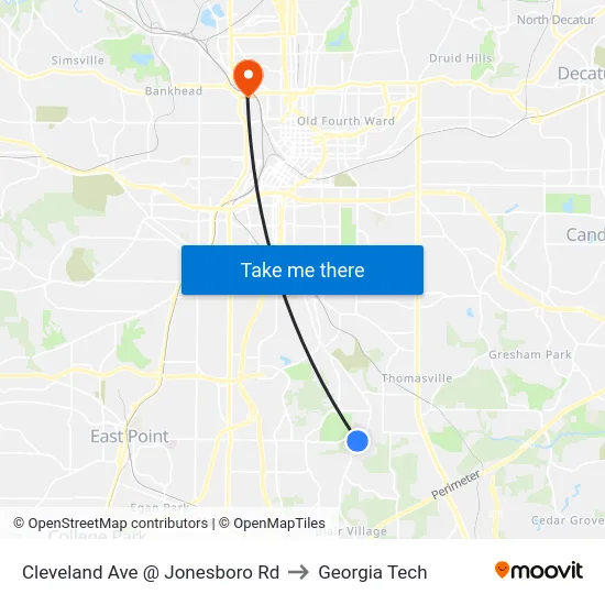 Cleveland Ave @ Jonesboro Rd to Georgia Tech map