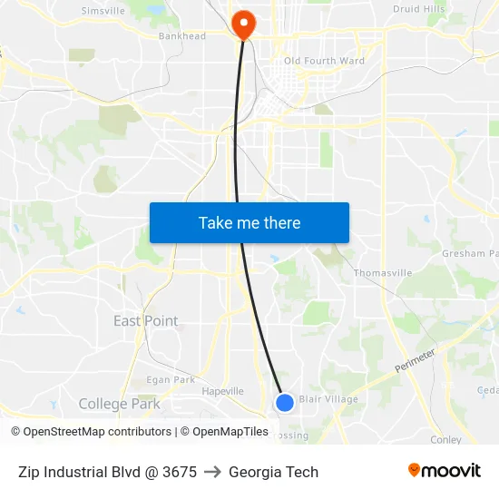 Zip Industrial Blvd @ 3675 to Georgia Tech map