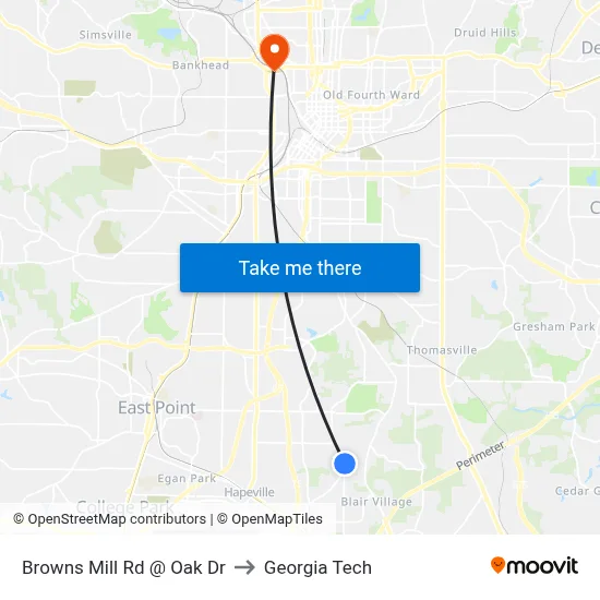 Browns Mill Rd @ Oak Dr to Georgia Tech map