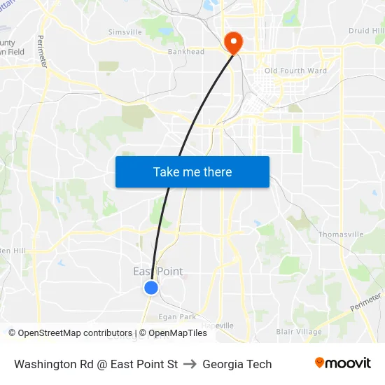Washington Rd @ East Point St to Georgia Tech map