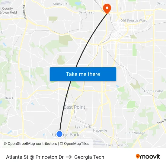 Atlanta St @ Princeton Dr to Georgia Tech map