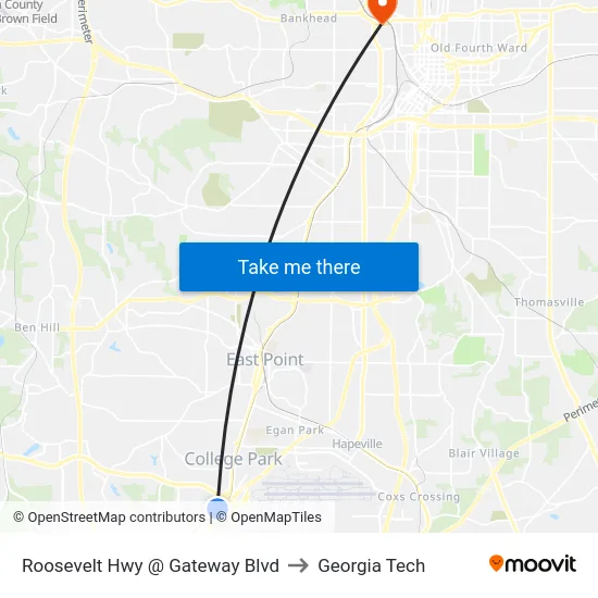 Roosevelt Hwy @ Gateway Blvd to Georgia Tech map