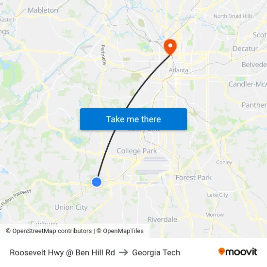 Roosevelt Hwy @ Ben Hill Rd to Georgia Tech map