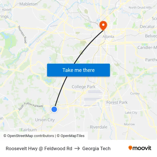 Roosevelt Hwy @ Feldwood Rd to Georgia Tech map