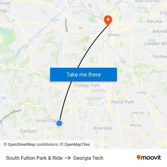 South Fulton Park & Ride to Georgia Tech map