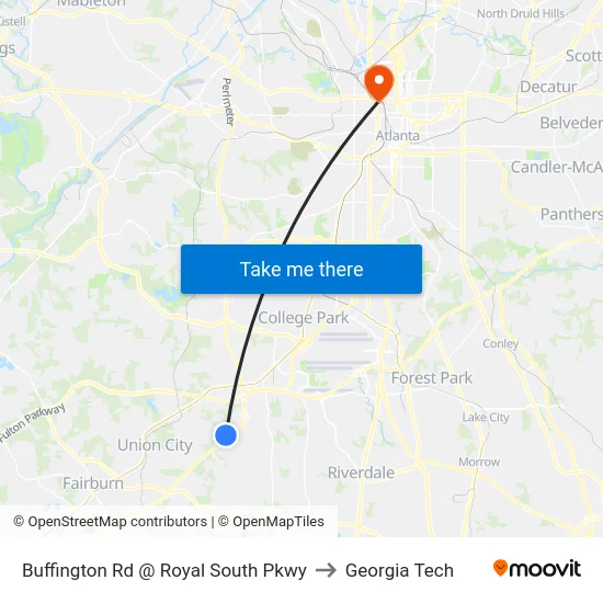 Buffington Rd @ Royal South Pkwy to Georgia Tech map