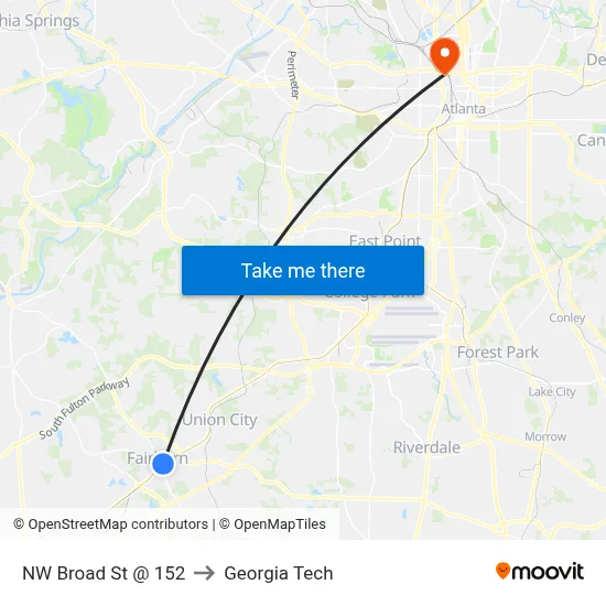 NW Broad St @ 152 to Georgia Tech map