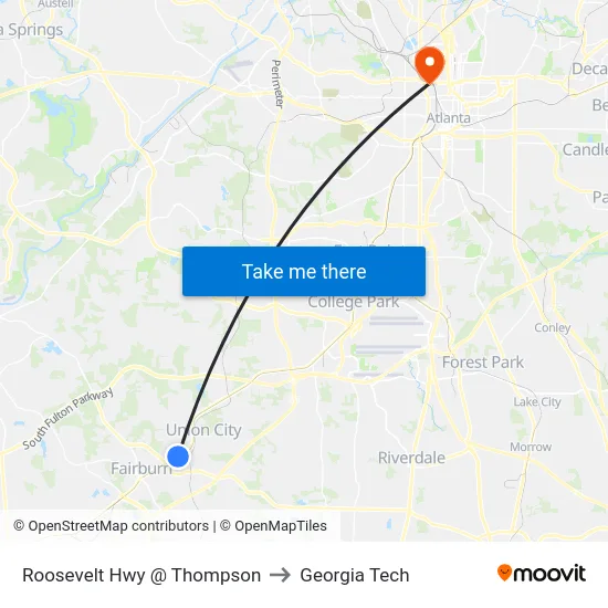 Roosevelt Hwy @ Thompson to Georgia Tech map
