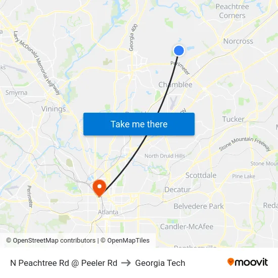 N Peachtree Rd @ Peeler Rd to Georgia Tech map