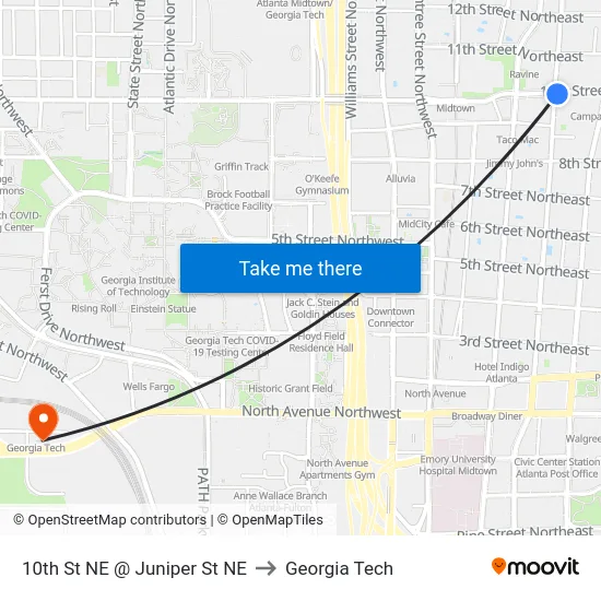 10th St NE @ Juniper St NE to Georgia Tech map
