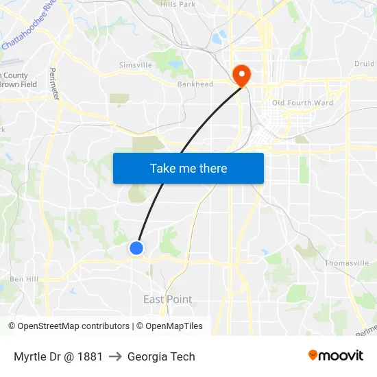 Myrtle Dr @ 1881 to Georgia Tech map