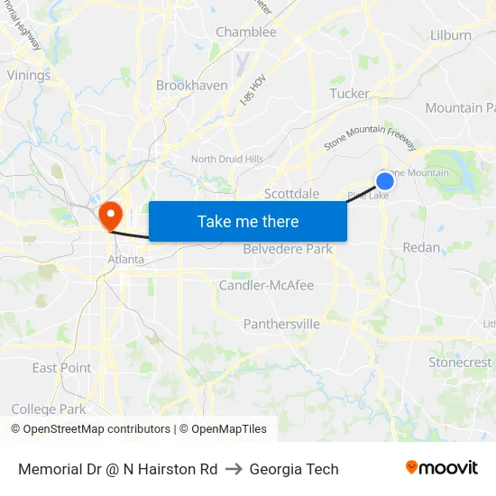 Memorial Dr @ N Hairston Rd to Georgia Tech map
