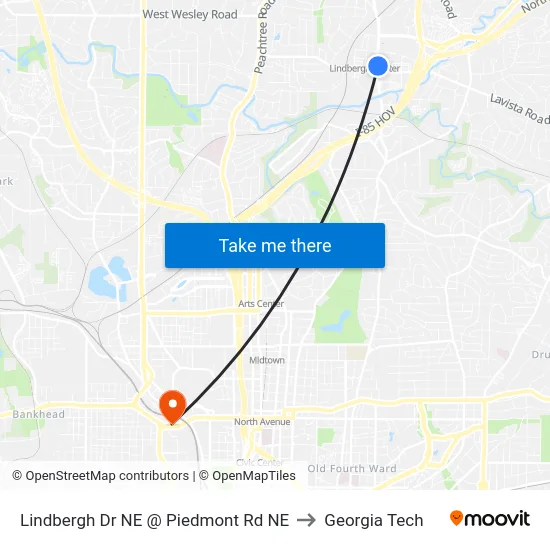 Lindbergh Dr NE @ Piedmont Rd NE to Georgia Tech map