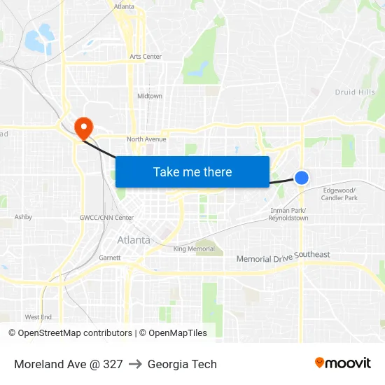 Moreland Ave @ 327 to Georgia Tech map