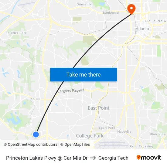 Princeton Lakes Pkwy @ Car Mia Dr to Georgia Tech map