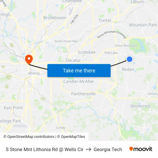 S Stone Mnt Lithonia Rd @ Wells Cir to Georgia Tech map