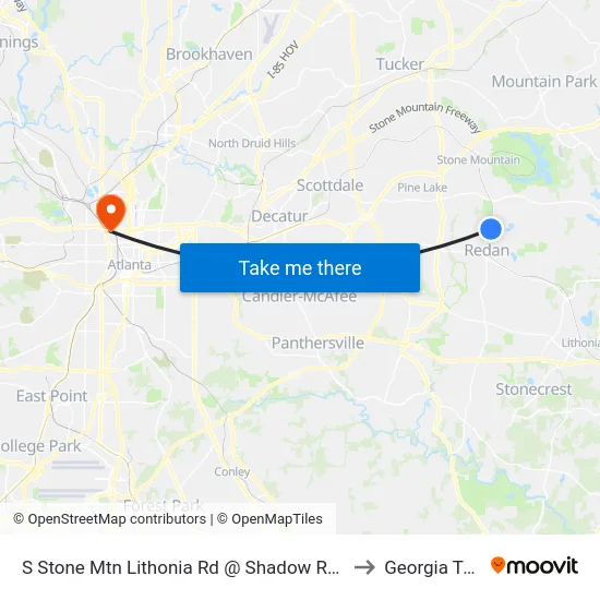 S Stone Mtn Lithonia Rd @ Shadow Rock Dr to Georgia Tech map