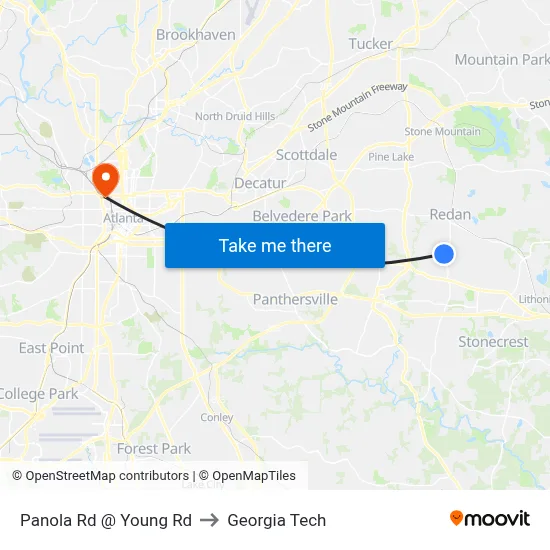 Panola Rd @ Young Rd to Georgia Tech map