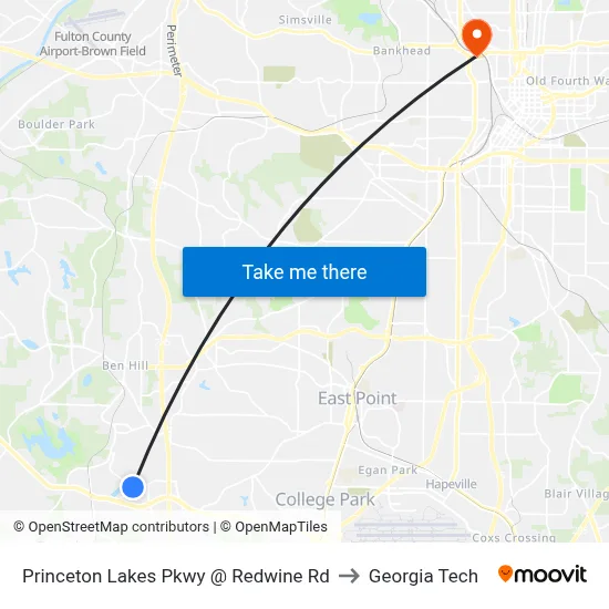 Princeton Lakes Pkwy @ Redwine Rd to Georgia Tech map