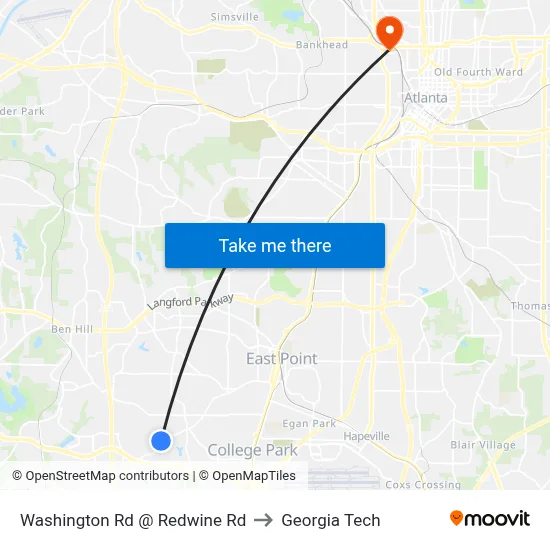 Washington Rd @ Redwine Rd to Georgia Tech map