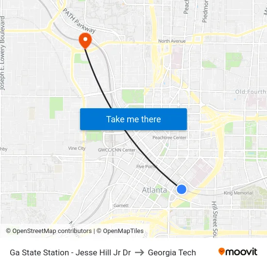Ga State Station - Jesse Hill Jr Dr to Georgia Tech map