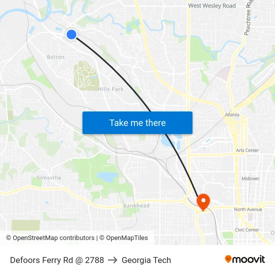 Defoors Ferry Rd @ 2788 to Georgia Tech map