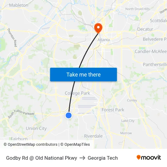 Godby Rd @ Old National Pkwy to Georgia Tech map