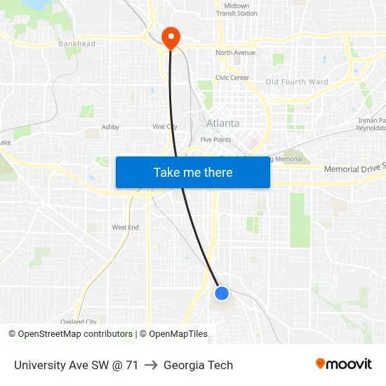 University Ave SW @ 71 to Georgia Tech map