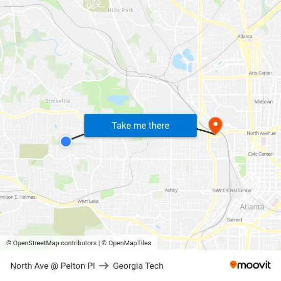 North Ave @ Pelton Pl to Georgia Tech map