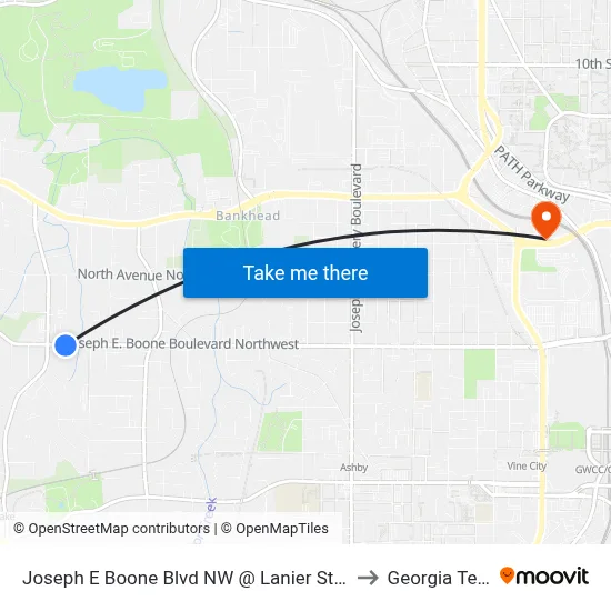 Joseph E Boone Blvd NW @ Lanier St NW to Georgia Tech map