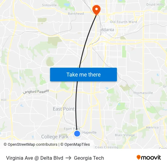 Virginia Ave @ Delta Blvd to Georgia Tech map