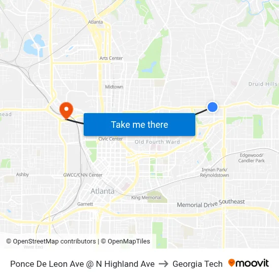 Ponce De Leon Ave @ N Highland Ave to Georgia Tech map