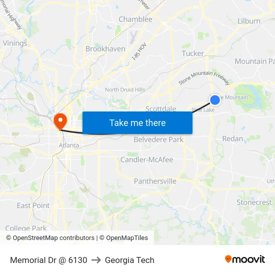Memorial Dr @ 6130 to Georgia Tech map
